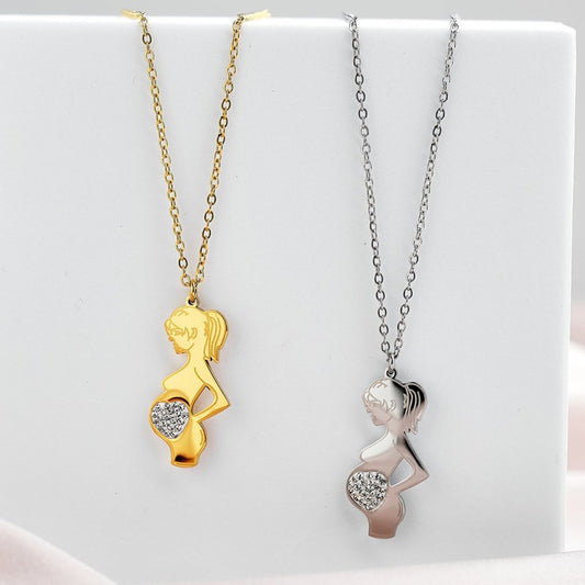 Pregnant Woman Necklace – Gold Pendant with Heart Crystal | Symbol of Motherhood